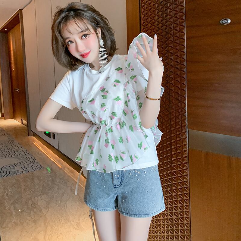 カラージャカードラウンドネックTシャツ ハイウェストウェストショーツ ブルマー Oネック MIUCO37486145244