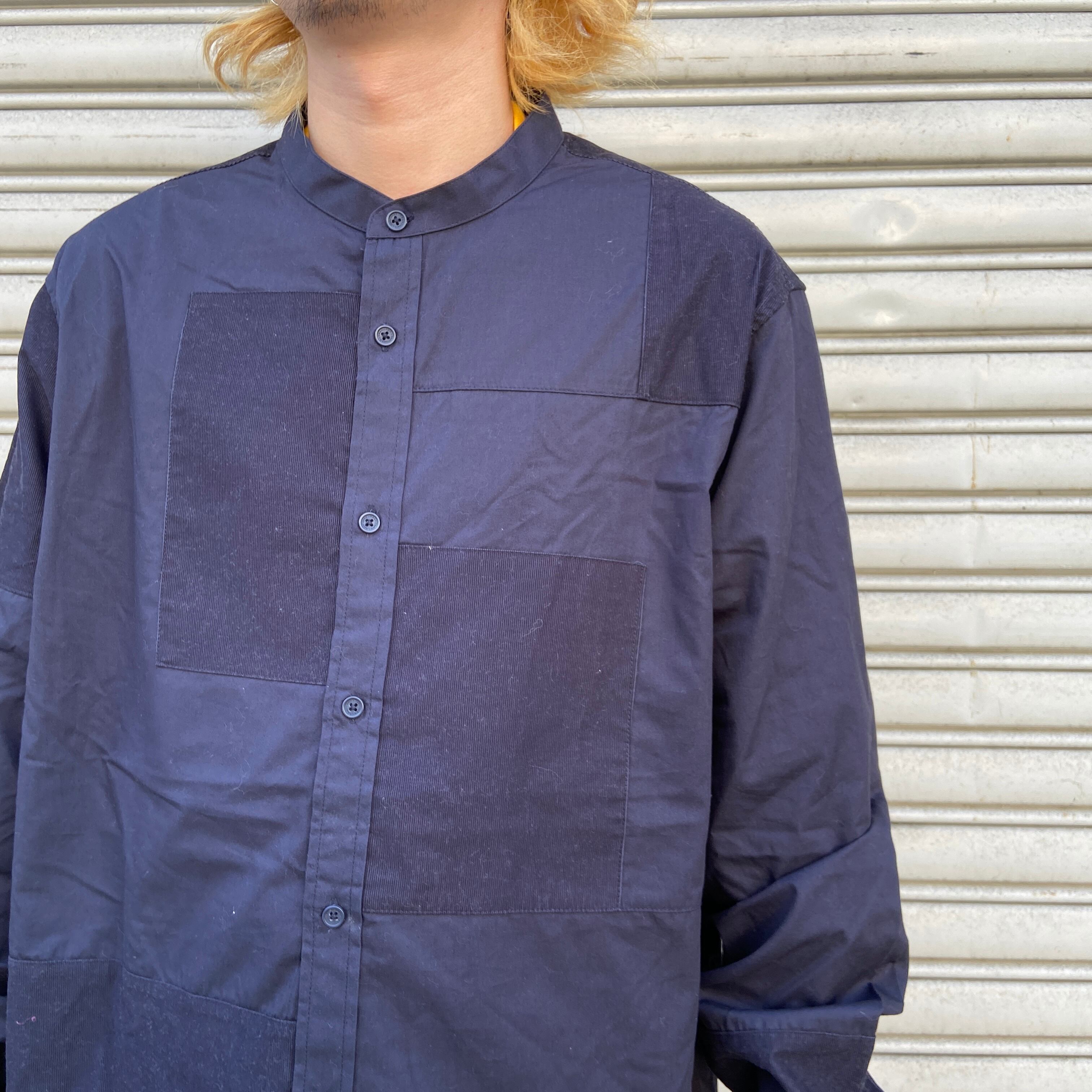 送料無料』SEANJOHN バンドカラーパッチワークシャツ ネイビー 2XL 