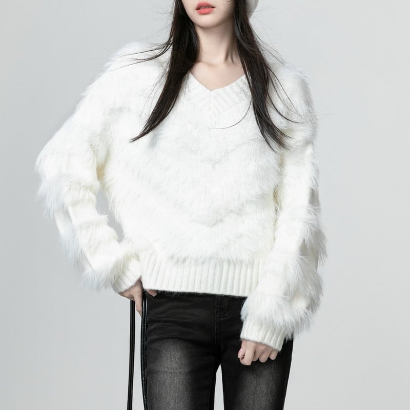 feather-pattern v-neck knit m0946