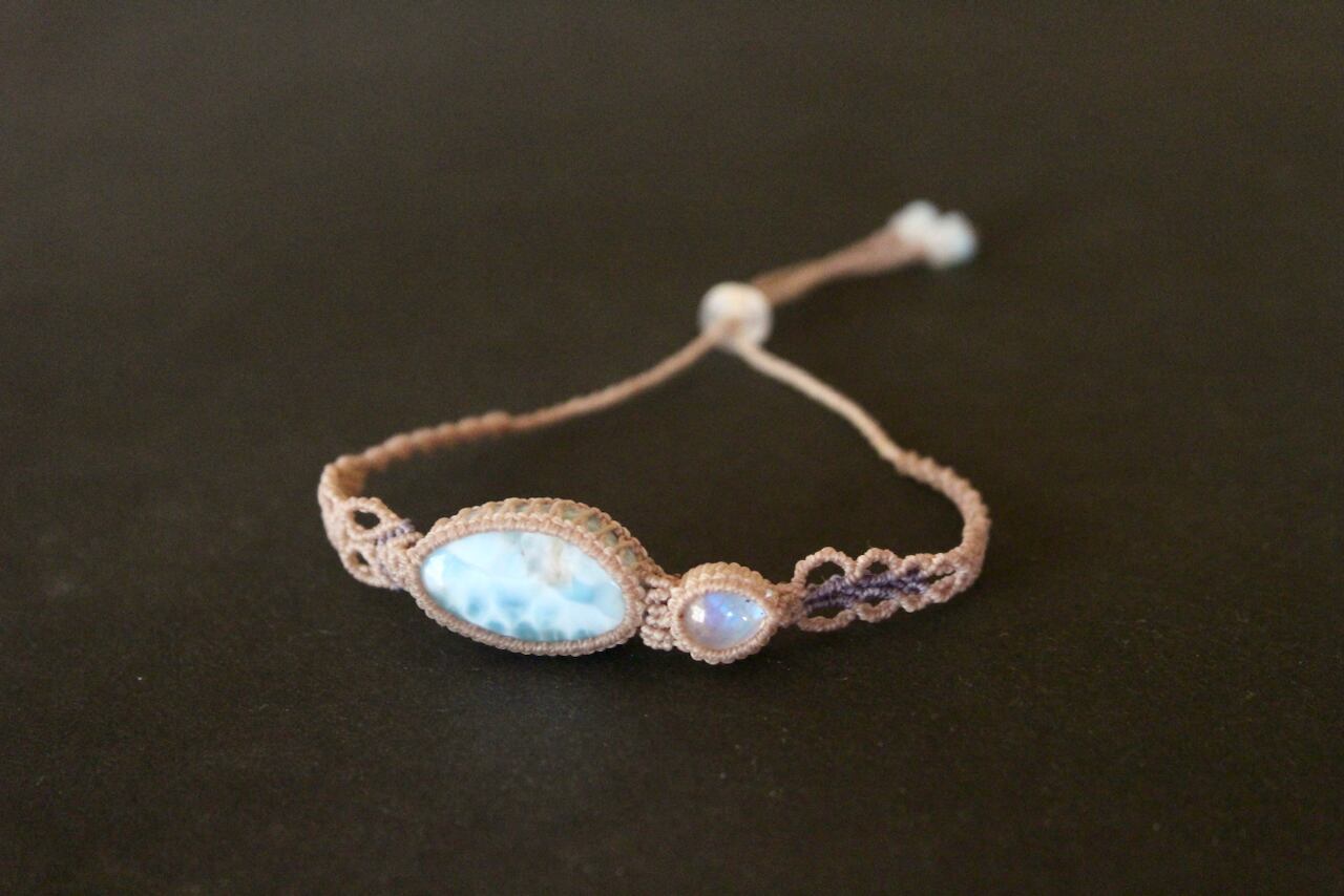 Larimar & Rainbow moonstone micro macrame bracelet