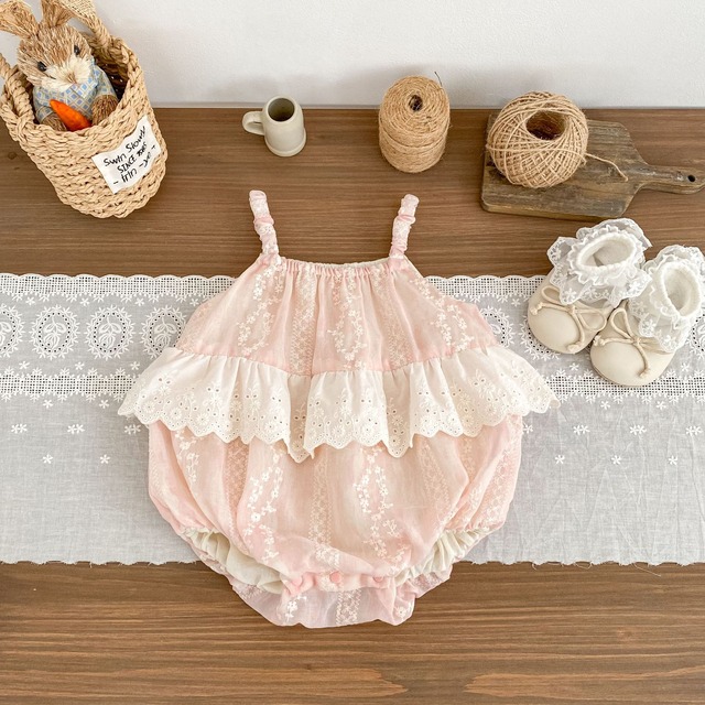 【BABY】サクラ刺繍レースフリルキャミソールボディスーツ - 7