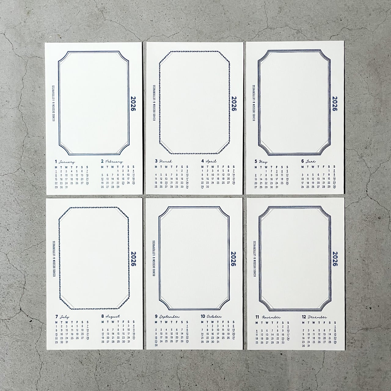 2026年 ポストカードフレームカレンダー | 活版印刷 | Echos Design