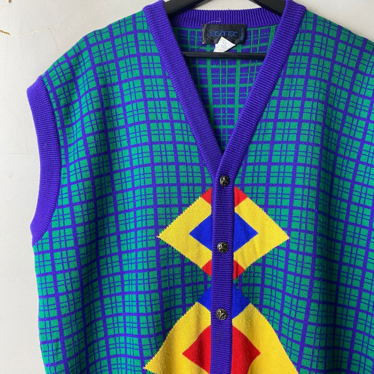 vintage ISTANTE multicolor check wool knit vest