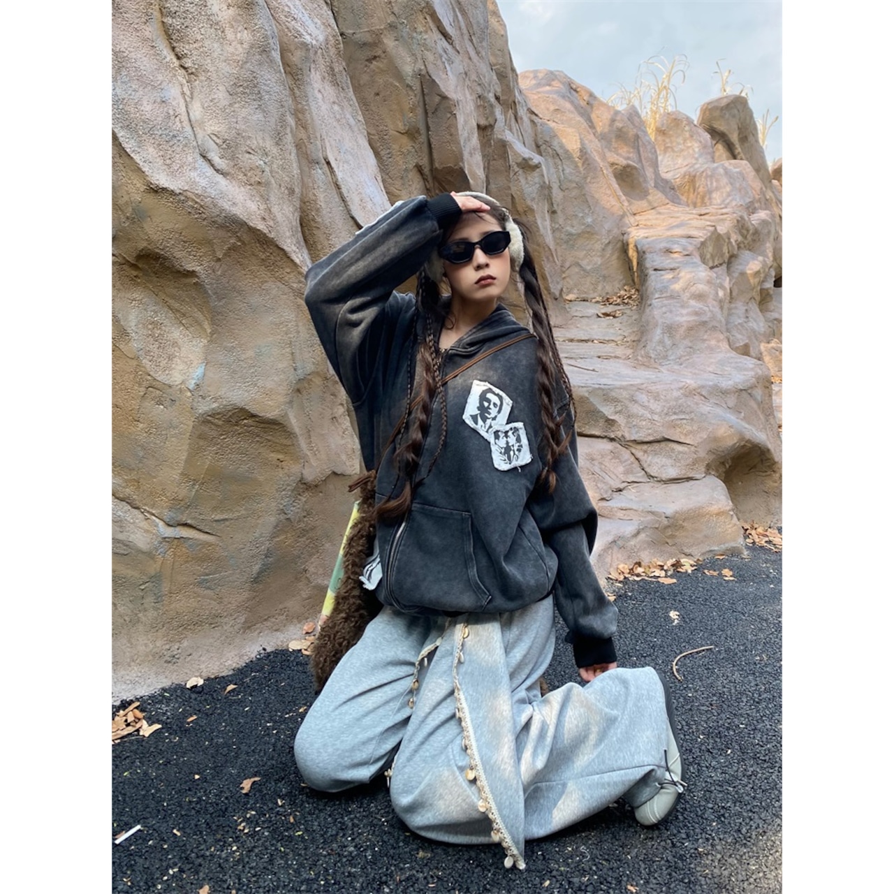 VINTAGE ストリート カップル パッチ ジップパーカー T1864