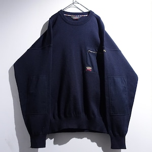 90s "PAUL & SHARK" Navy Logo & Elbow Patch Design Wool Knit