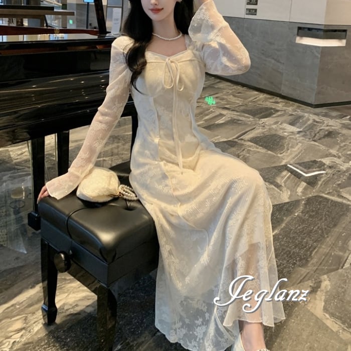 パーティワンピース ドレス レーシー 肌透け アンダードレス付き ♪(M5894)ζ