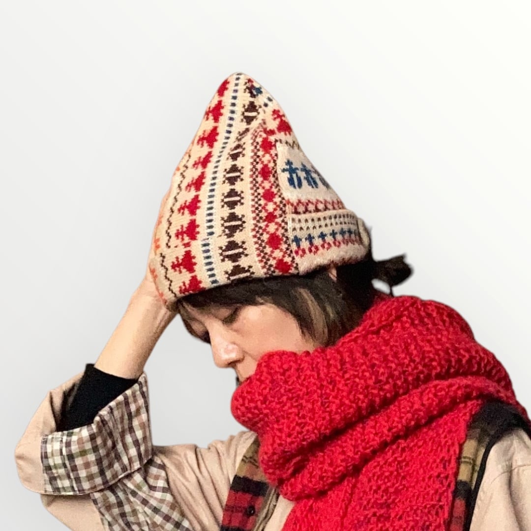 ZOZOTTE リメイクニットキャップ/ベージュ系レトロ柄