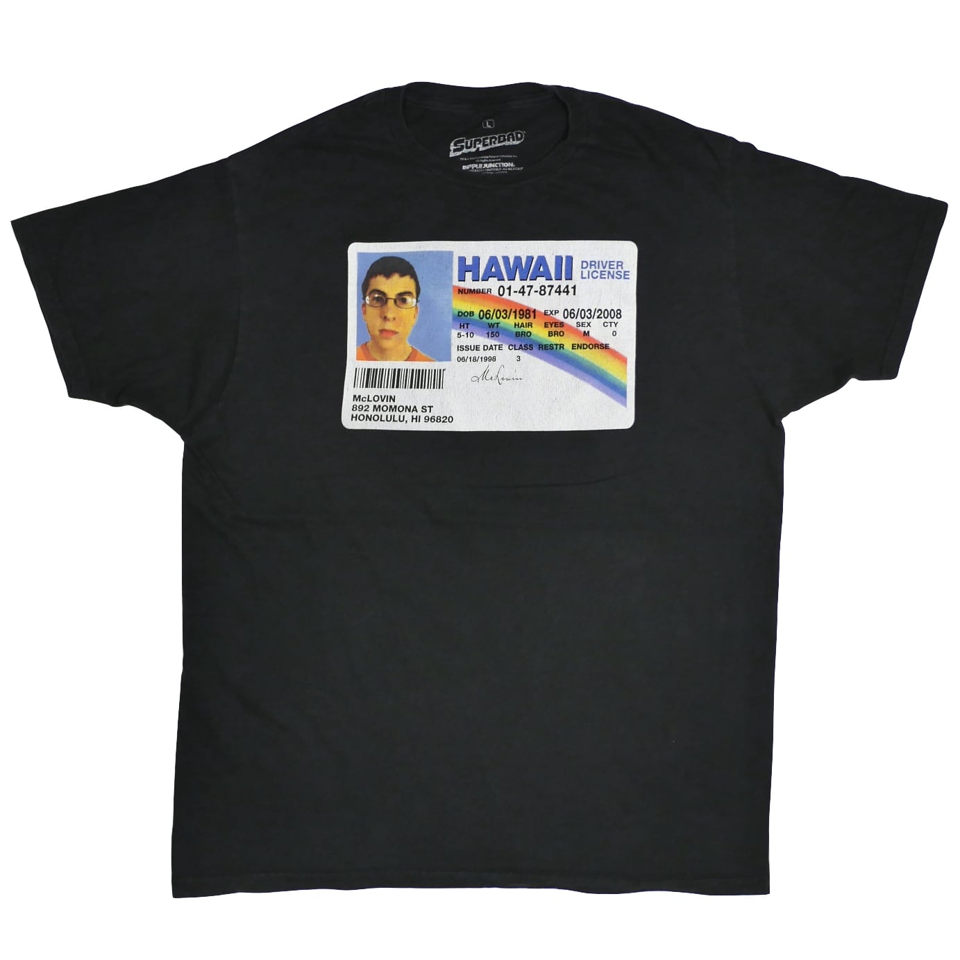 USED【L】Movie SUPERBAD MCLOVIN DRIVER LICENSE スーパーバッド 童貞ウォーズ マクラビン Tee / ©2023