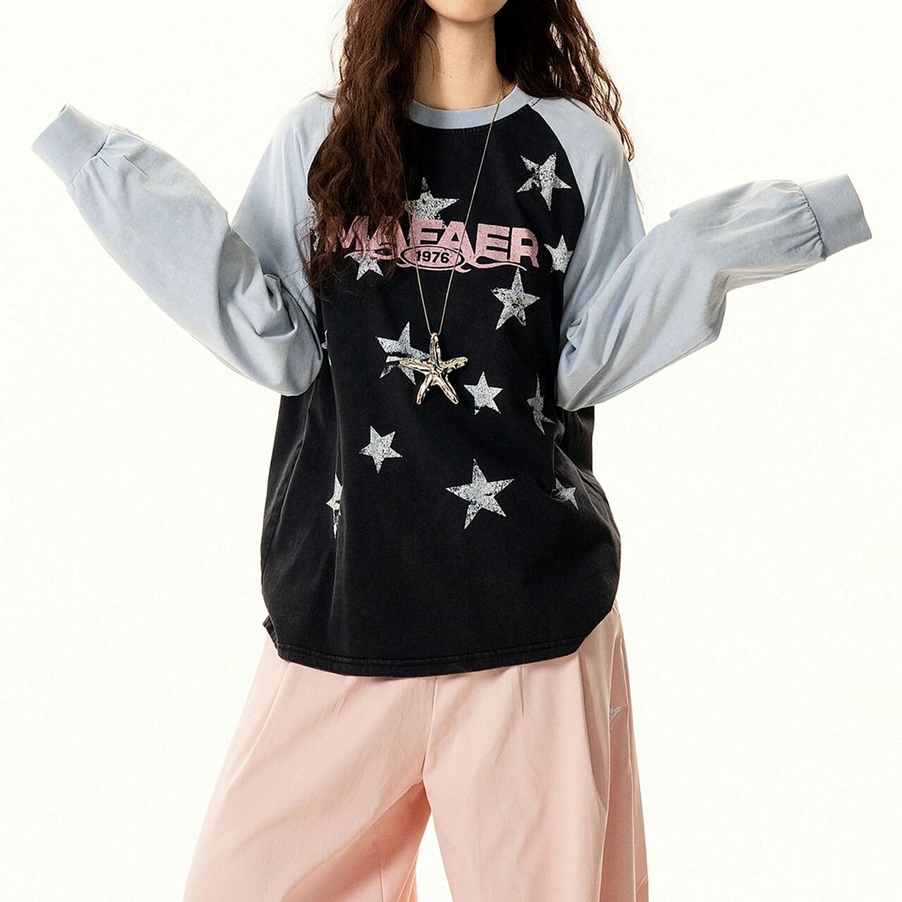 ユーズドライクレトロポップスターパターンラグランTシャツ 1col R02576