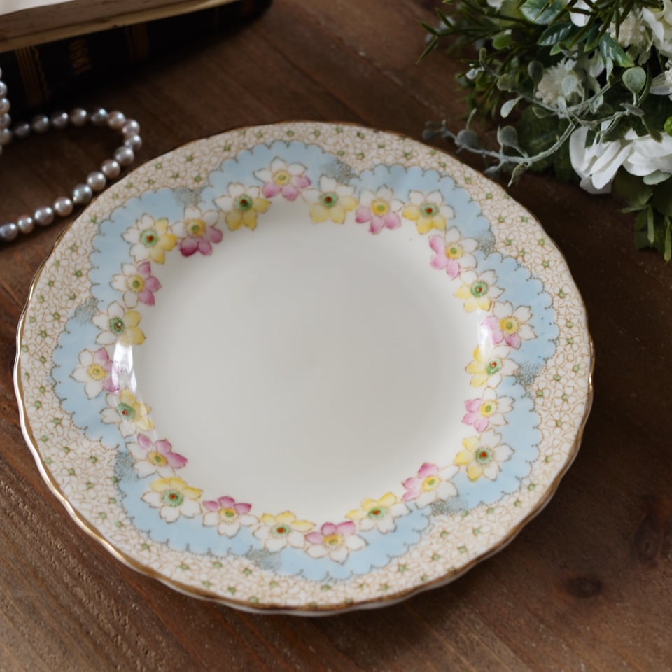 美品】英国アンティーク TUSCAN パステルブルー フラワー プレート単品