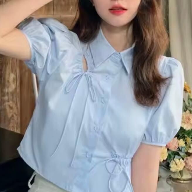 リボンデザインパフスリーブシャツ