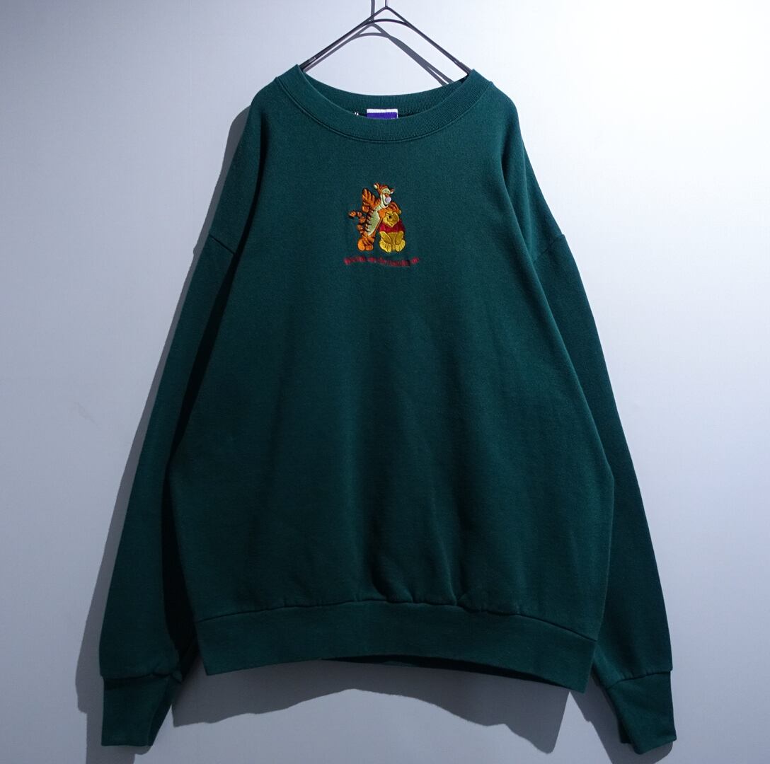 90s "Pooh" Green Character Embroiderey Design Sweat