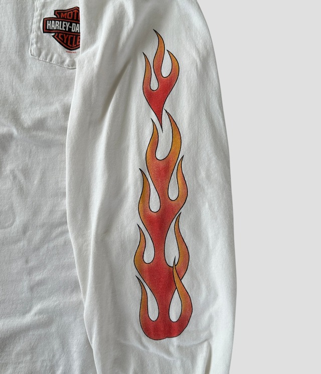 -Harley Davidson White Long sleeve shirt fire flame