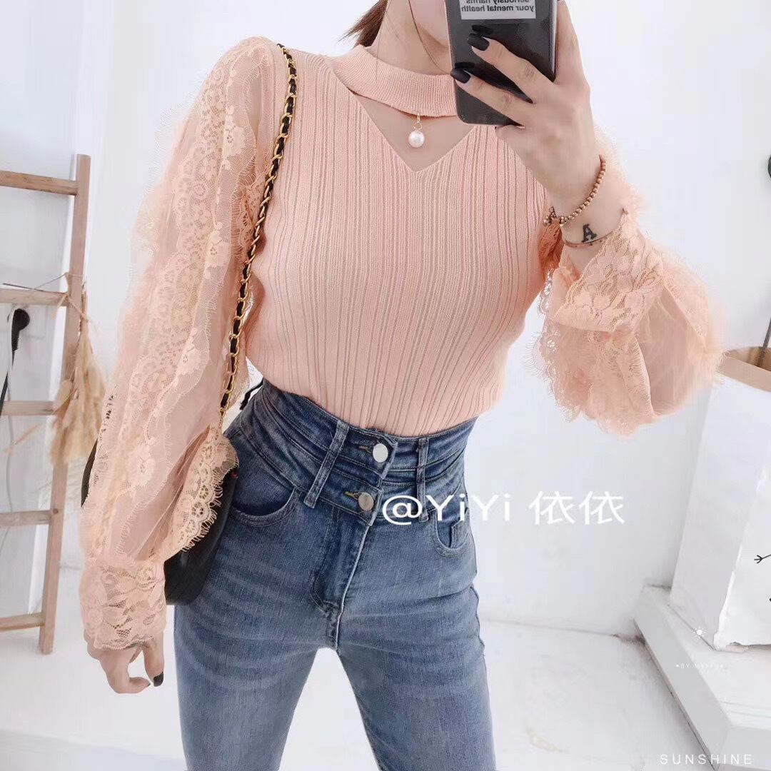 チュール袖Vネックニット