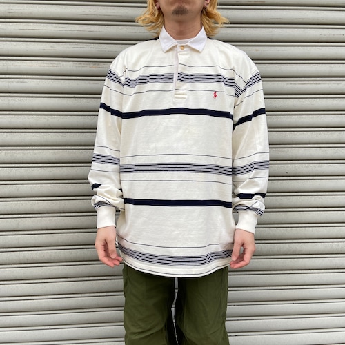 『送料無料』90s Ralph lauren マルチボーダー長袖ポロシャツ　ラガーシャツ　L