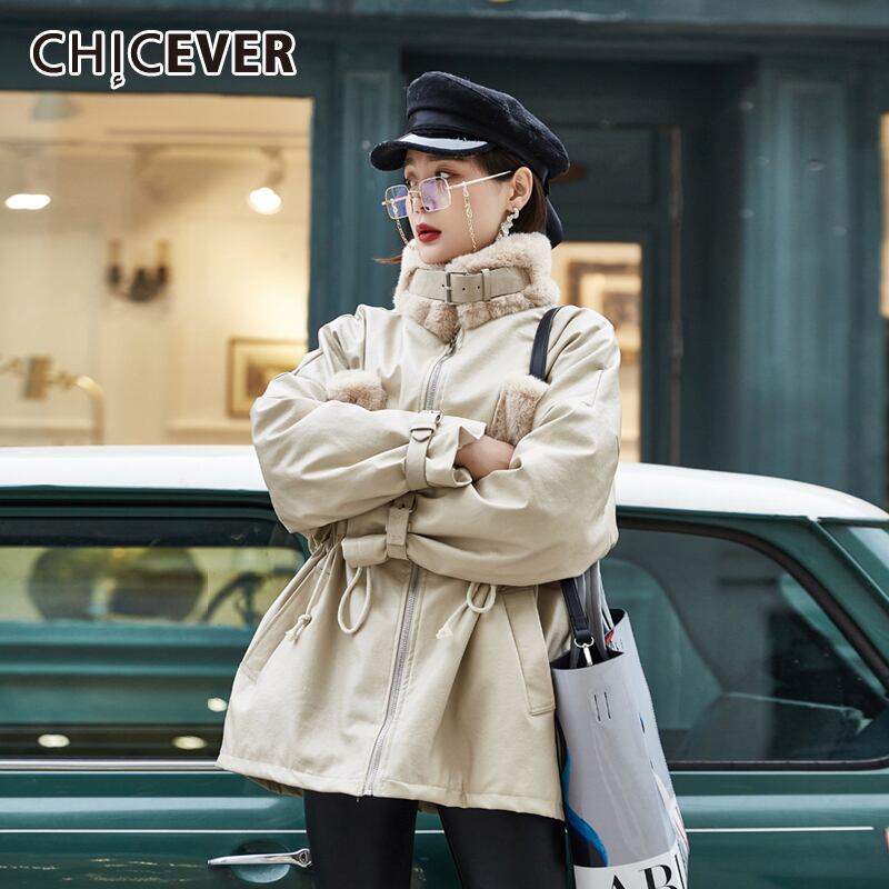 CHICEVERパッチワークPUパーカス女性スタンドファーカラー長袖ヒットカラールーズアプリコットコットンコート2020WinterTide ロング ウィンター 冬物 6base597111093903