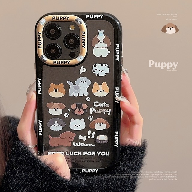 【iPhone16対応】わんわん大集合◎かわいい犬 イラストクリアケース 耐衝撃 黒フレーム 韓国っぽ dog 透明 スマホケース ND-15300
