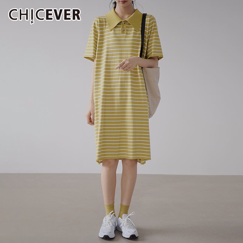 CHICEVERストライプヒットカラードレスレディースラペルカラー半袖ルーズフリーサイズニットドレス2020夏 ショート ハーフスリーブ サマー 夏物 6base510748395630