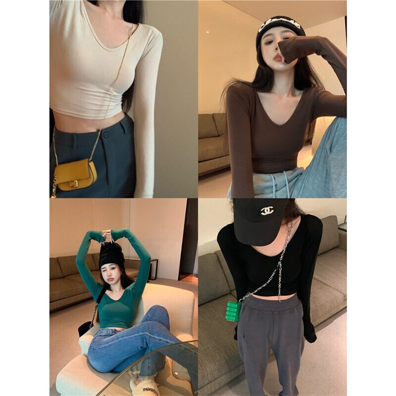 カラーベーシックVネックTシャツ オータムトップス ロング 秋物 ピュア ガールズファッション97116344901