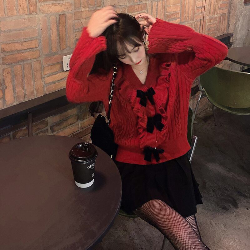 セーター レディースルーズショートスタンダードレッドニットスプリングVネックトップス レトロ 春物 ブラックストロベリース73368265117