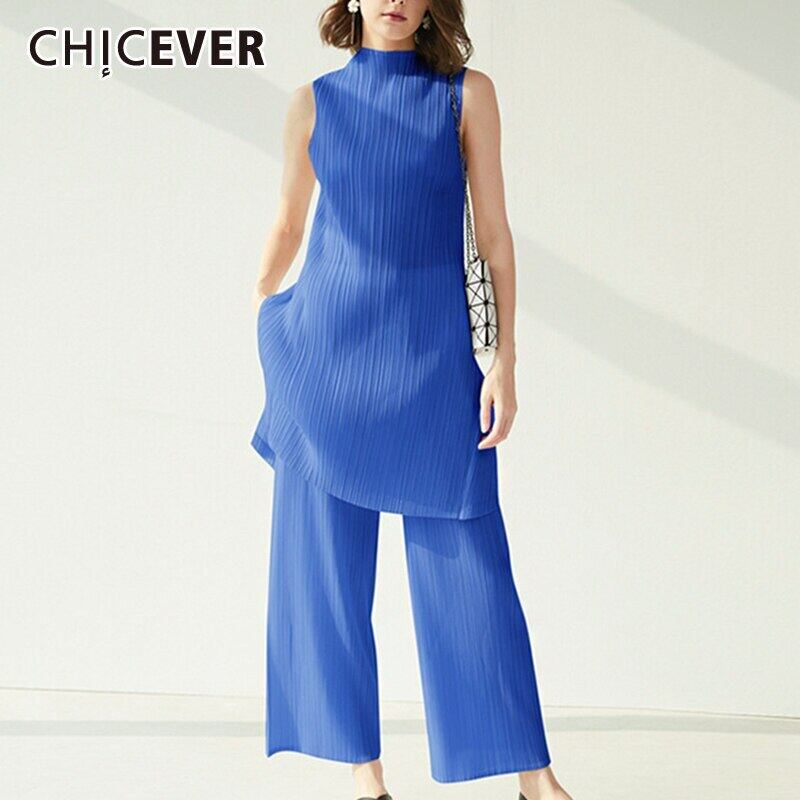 CHICEVERスーツスタンドカラータンクノースリーブロングシャツウエストストレートパンツツーピースセットレディース2020 6base564559703156