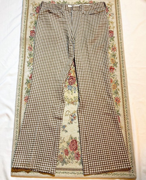 70s  "HARIS slacks "brown cheack colour boot cut polyester pants 【L】
