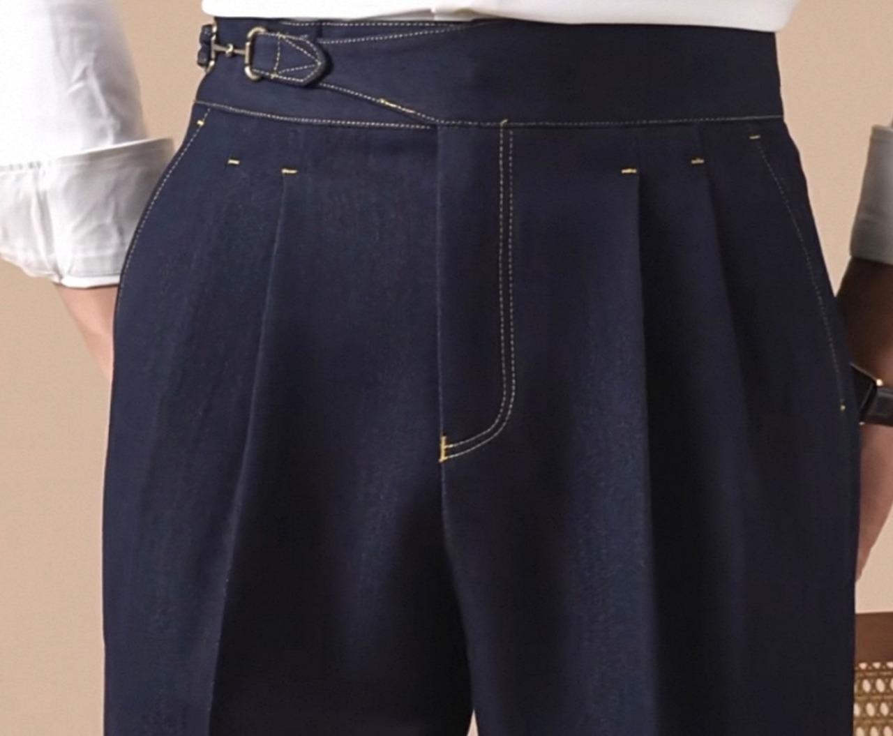 【深藍立端】デニムライク・2プリーツスラックス