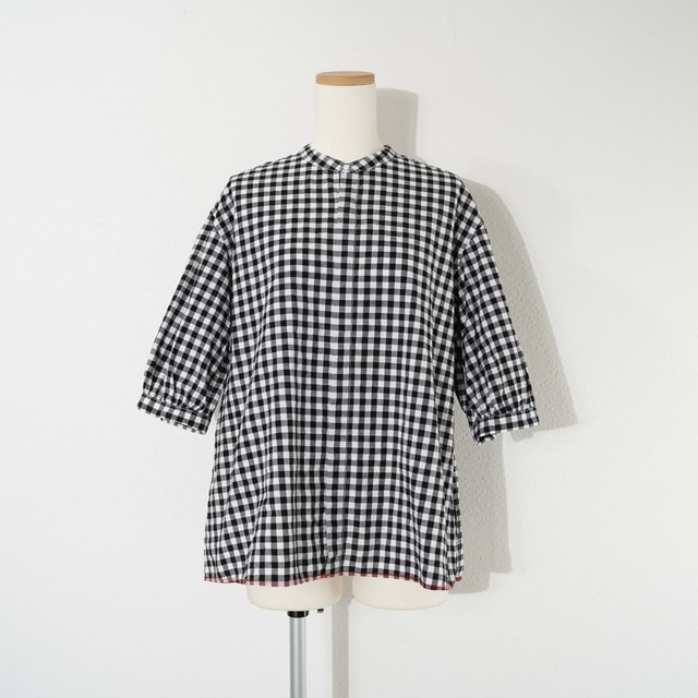 NATURAL LAUNDRY ナチュラル ランドリー N/L コードシャンブレー プランプスリーブ シャツ ブラウス ノーカラー ギンガムチェック 七分袖 ロング丈