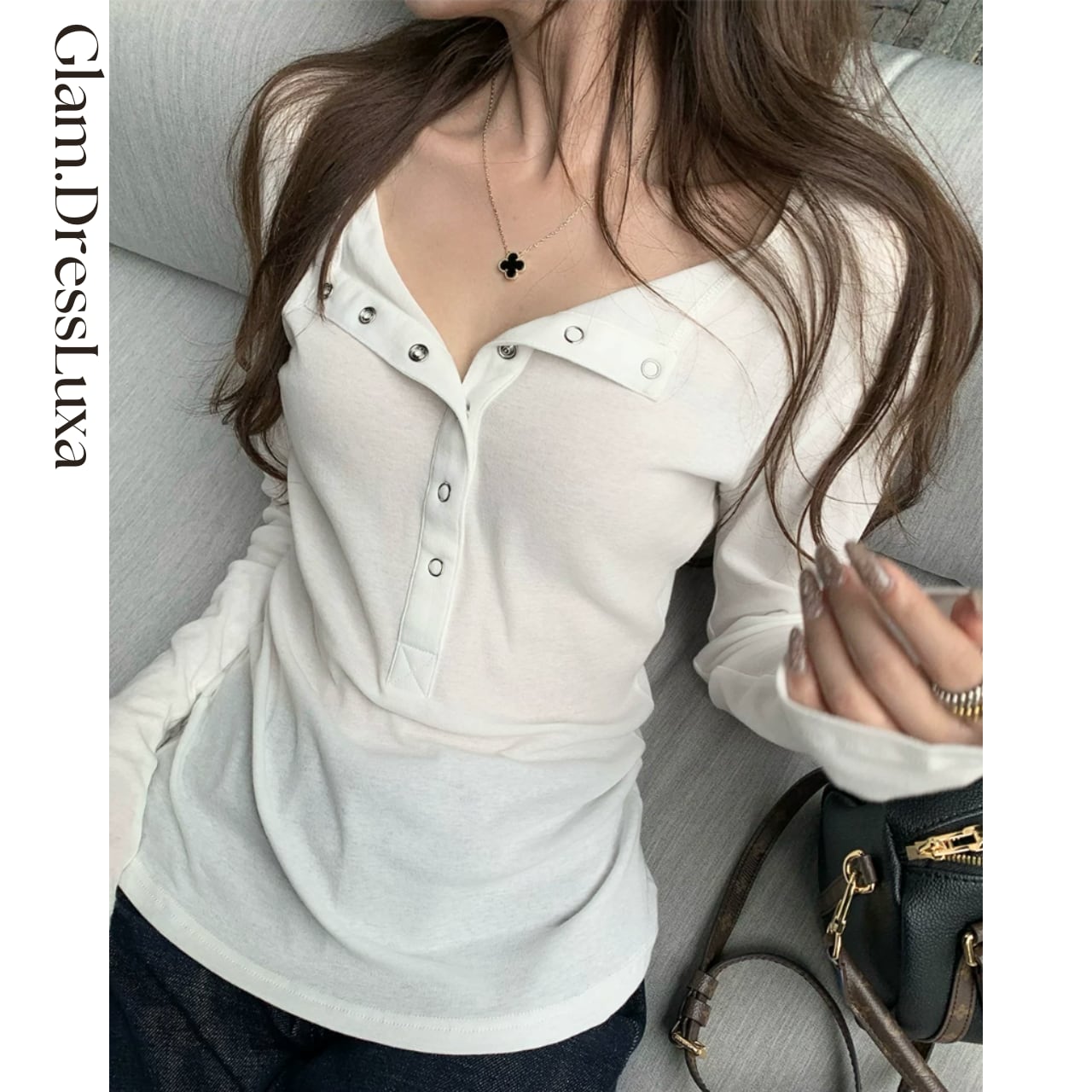 Snap Neck フィットロングスリーブトップス/4color_T1551