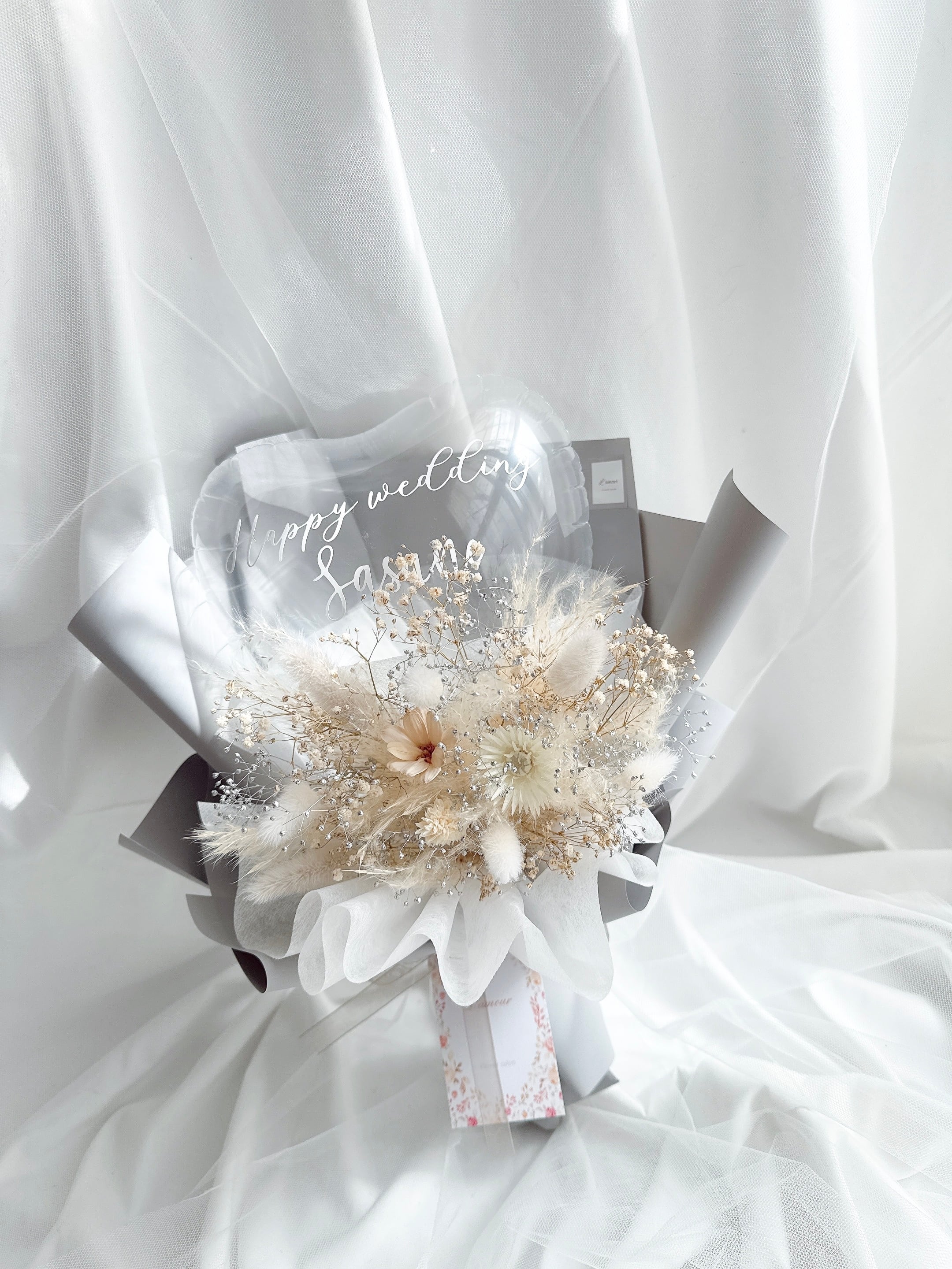 クリアバルーンとドライフラワーのカラフルブーケ Msize (ハートタイプ