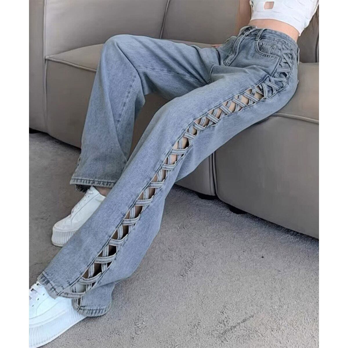 サイドレースアップ デニム パンツ レディース 韓国 ジーンズ 大人 カジュアル 肌見せ 美脚 おしゃれ 原宿系 ストリート ハイウエスト ブルー 大人可愛い 大人女子