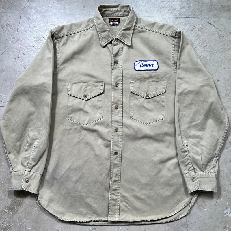 50's 60's BIG SMITH ビッグスミス コットンツイルワークシャツ ARMY TWILL ベージュ 2枚タグ マチ付き ワッペン M~L 希少 ヴィンテージ BA-1886 RM2305H
