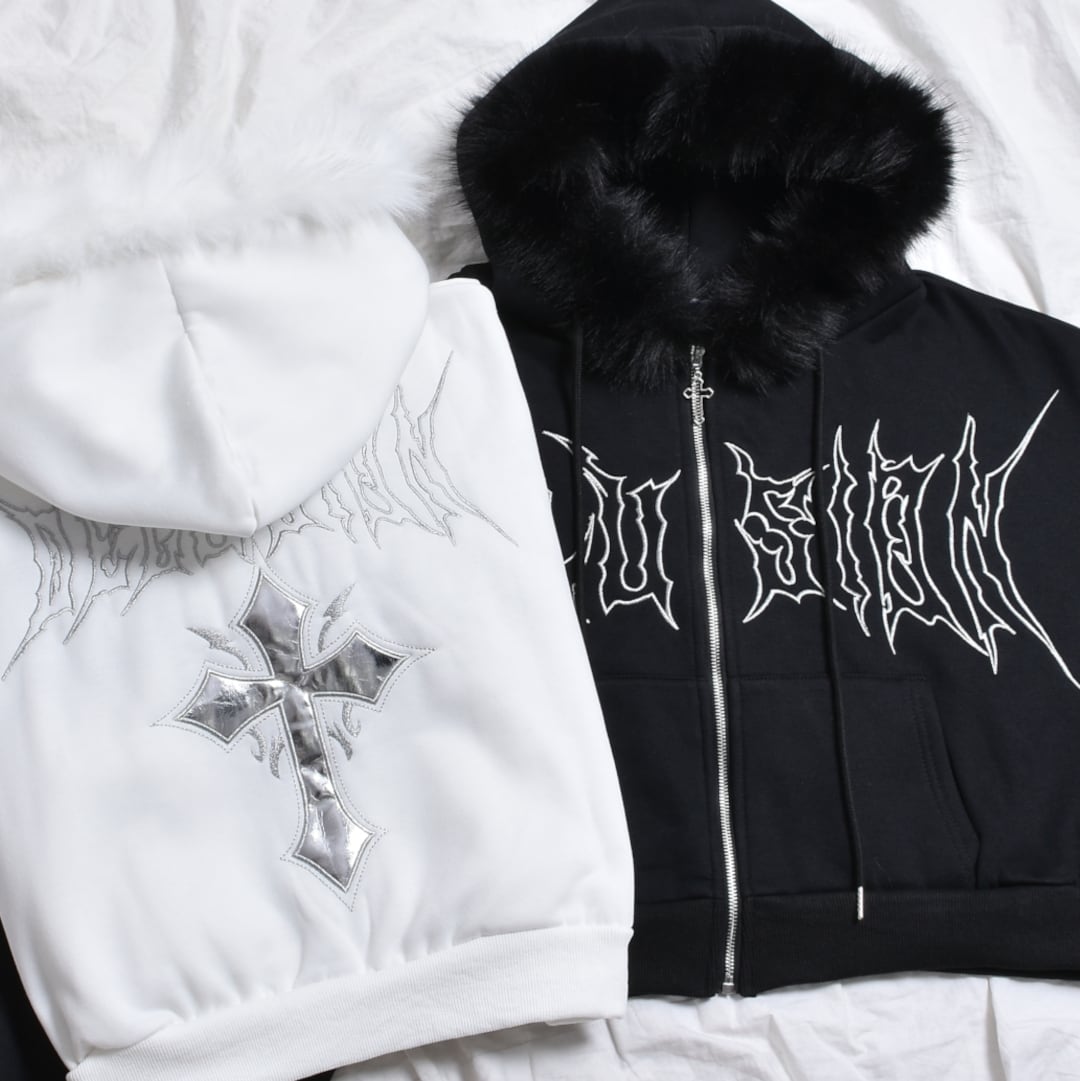 1/3新着】ショート丈 メタルクロスフードファーZIPパーカー(裏起毛