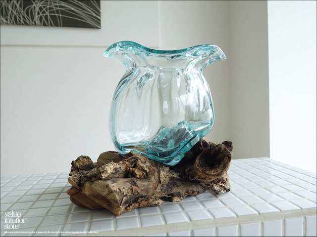 硝子フラワーベースTuli/02 花瓶 メダカ鉢 めだか鉢 プリミティブガラスベース 吹きガラス 手作り 一点物 自然な様