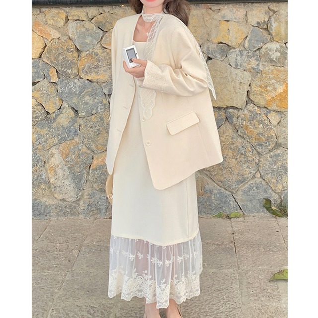 ノッチドラペルジャケットとレース切替フレアスカートセット00190