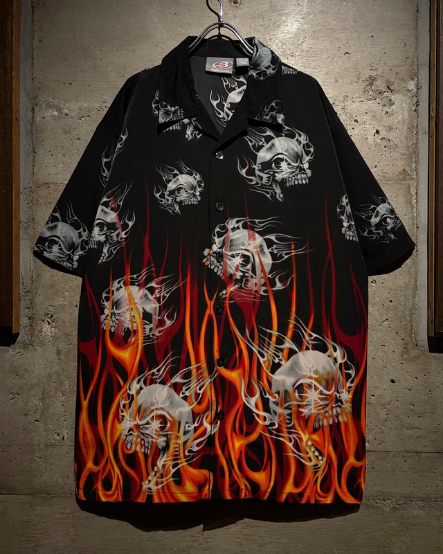 【Caka】"Breakdown" Skull × Flame Pattern Vintage Loose S/S Open Collar Shirt