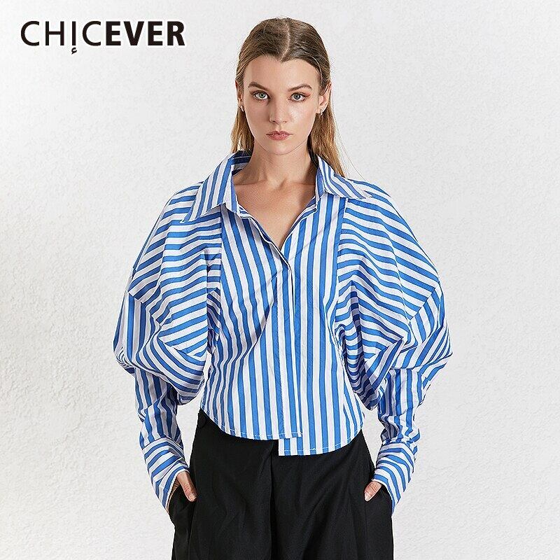 CHICEVERストライプシャツレディースラペルパフ長袖ヒットカラーシックなスタイルルーズブラウス2020秋 ロング オータム 秋物 6base550119852542