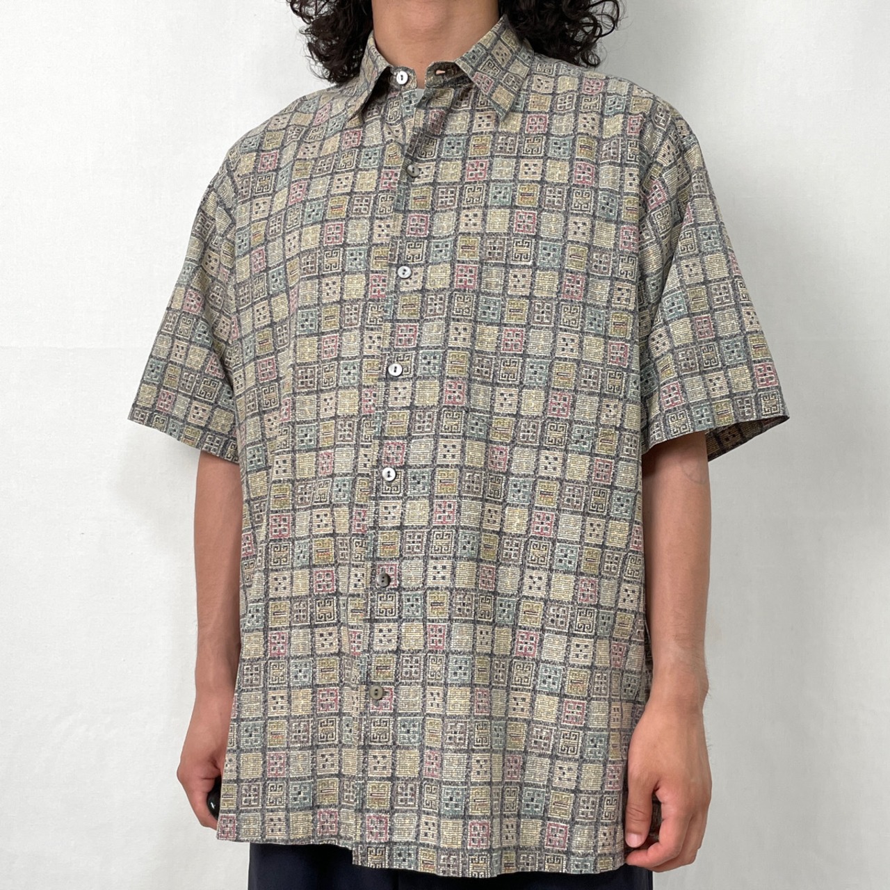 90s USA製 Tori Richard 総柄 半袖シャツ コットン アロハシャツ 古着 