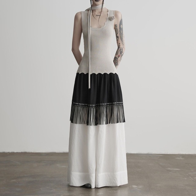 Pleated fringe high waist long skirt C1046