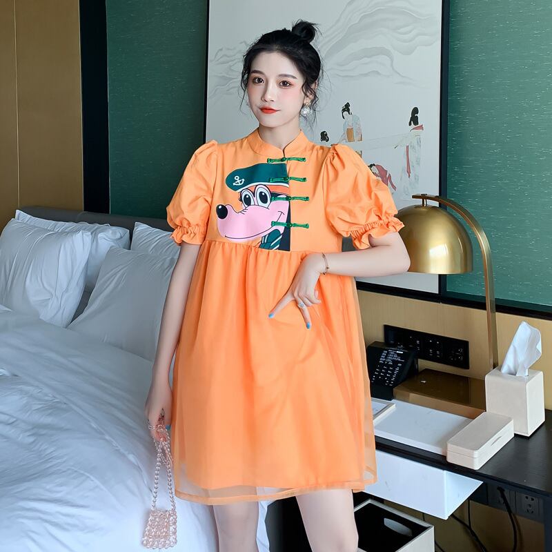 【新作】【送料無料】 マタニティドレス2020夏の新しい漫画プリントパフスリーブディスクボタンドレス、年齢を減らすミドルレングスのマタニティドレス-アリババ サマー 夏物 expec295222716670