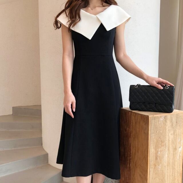 【予約販売】ワンピース レディース レース ビッグカラー ひざ下丈 ブラック 黒 ホワイト お呼ばれ シック 結婚式 ドレス きれいめ ワンピ 大人可愛い エレガント おしゃれ こなれ感 韓国 S/M/L