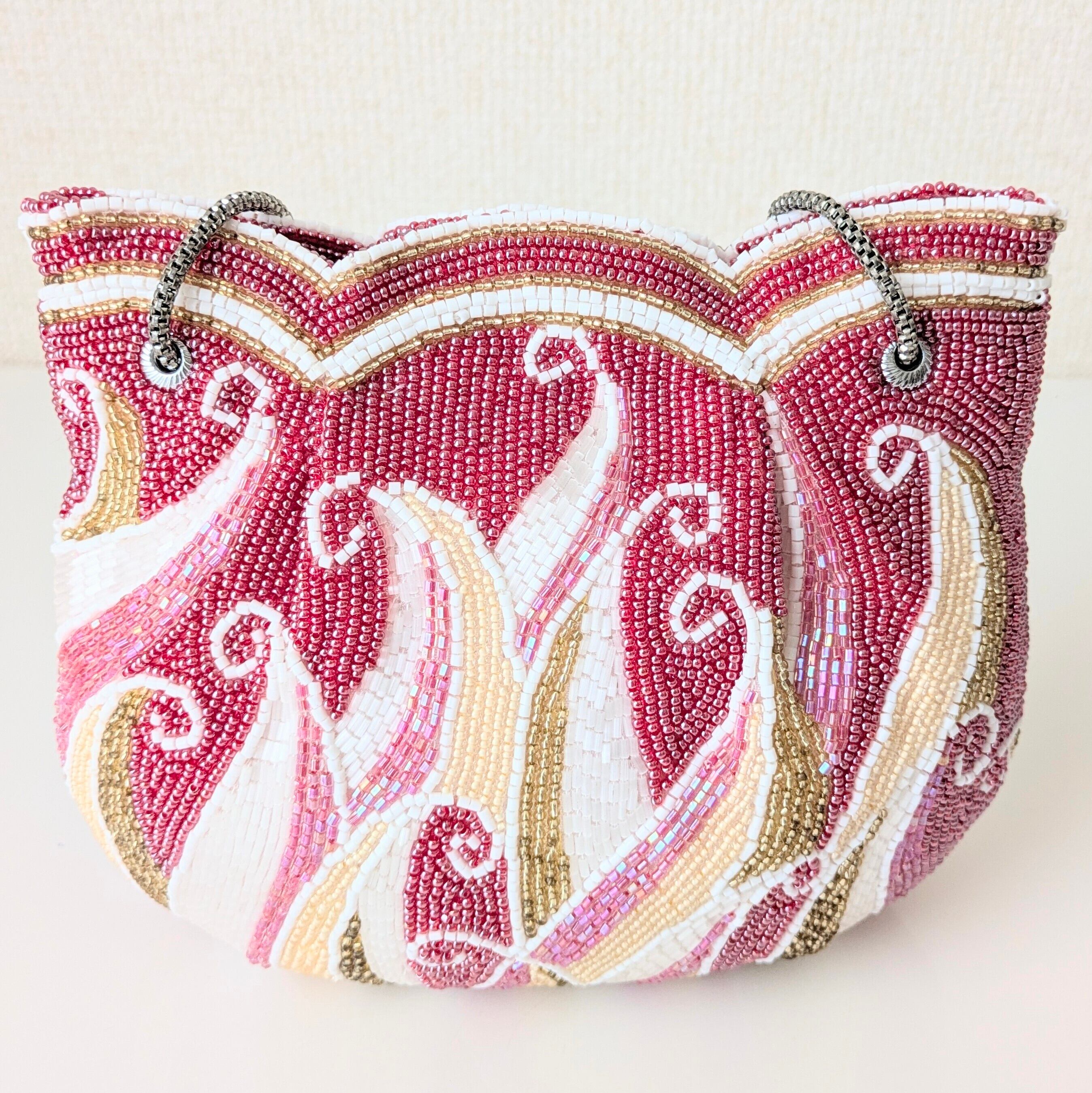 ヴィンテージ ビーズ刺繍 パーティーバッグ　難あり Vintage】ビーズ刺繍バッグ Beaded Bag 東京手刺繍 ベージュ 孔雀の