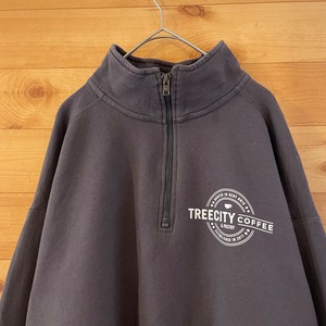 【Hanes】ハーフジップ スウェット プルオーバー Tree City Coffee アドバタイジング バックプリント ワンポイント L ヘインズ US古着