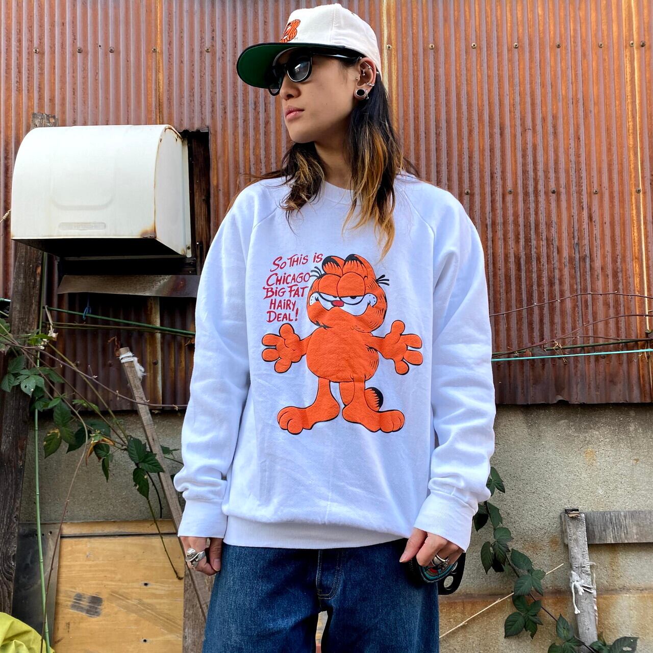 90年代 ガーフィールド キャラクタープリントスウェット メンズxl レディース 古着 90s ビンテージ ヴィンテージ 発泡プリント トレーナー ホワイト 白 スウェット Cave 古着屋 公式 古着通販サイト