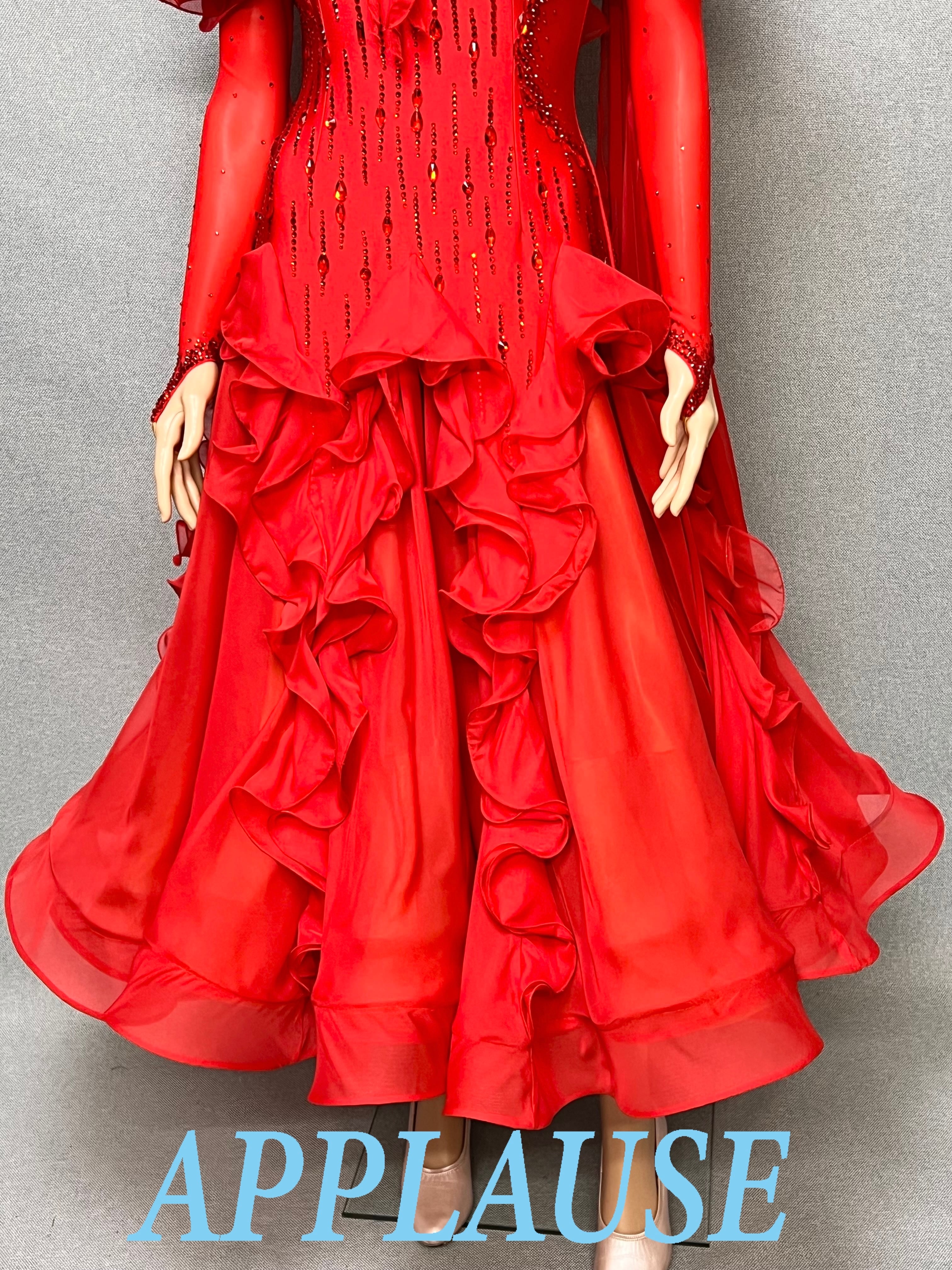 【新着】社交ダンス ドレス　モダン　スタンダード ドレス　　 ST-26-7　　レッド（フリル）　M　デモ・競技用ドレス　発表会　衣装　パーティドレス　ワンピース　舞台衣装