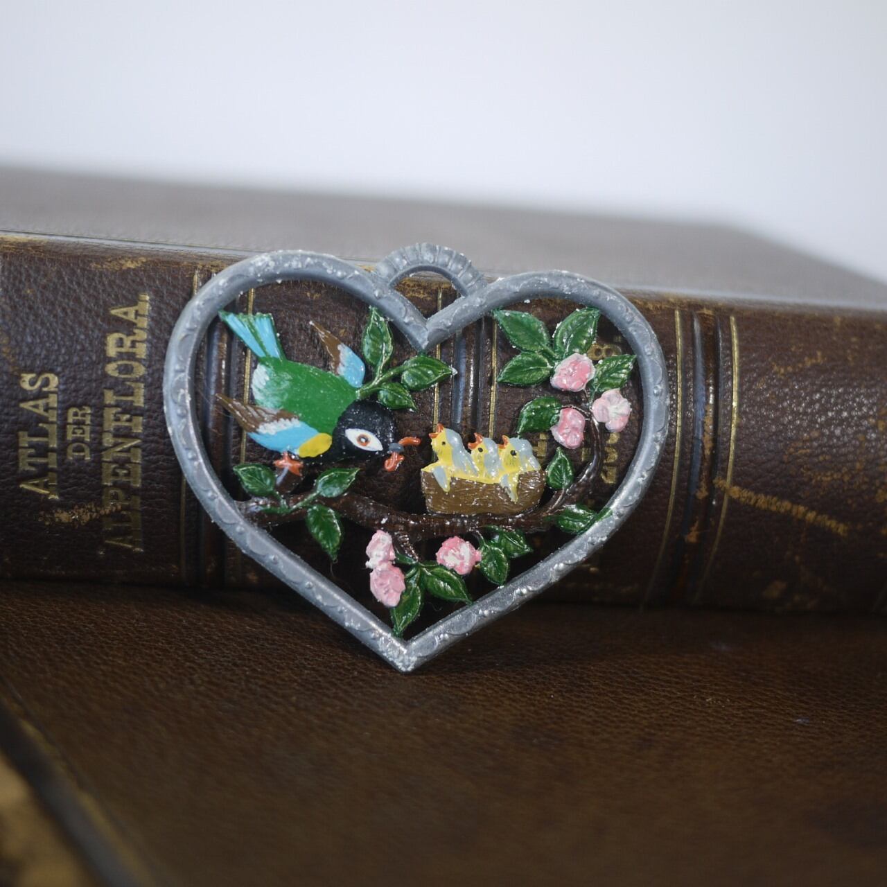 錫の飾り 小鳥の親子 ハート ドイツ