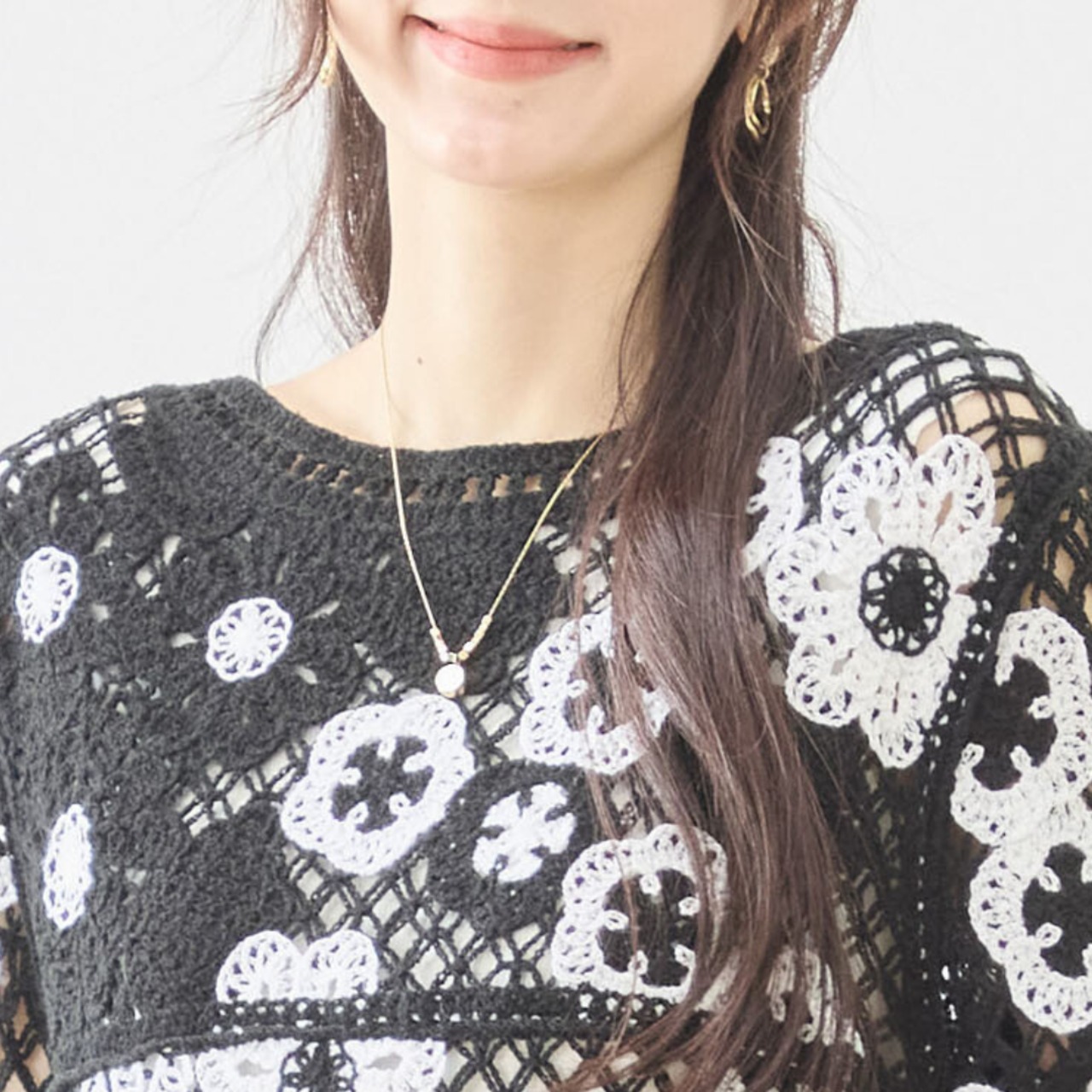 【SALE 5%OFF 4/5 10:00まで】TRUBE バイカラーモチーフレースプルオーバー【M~L】ブラック