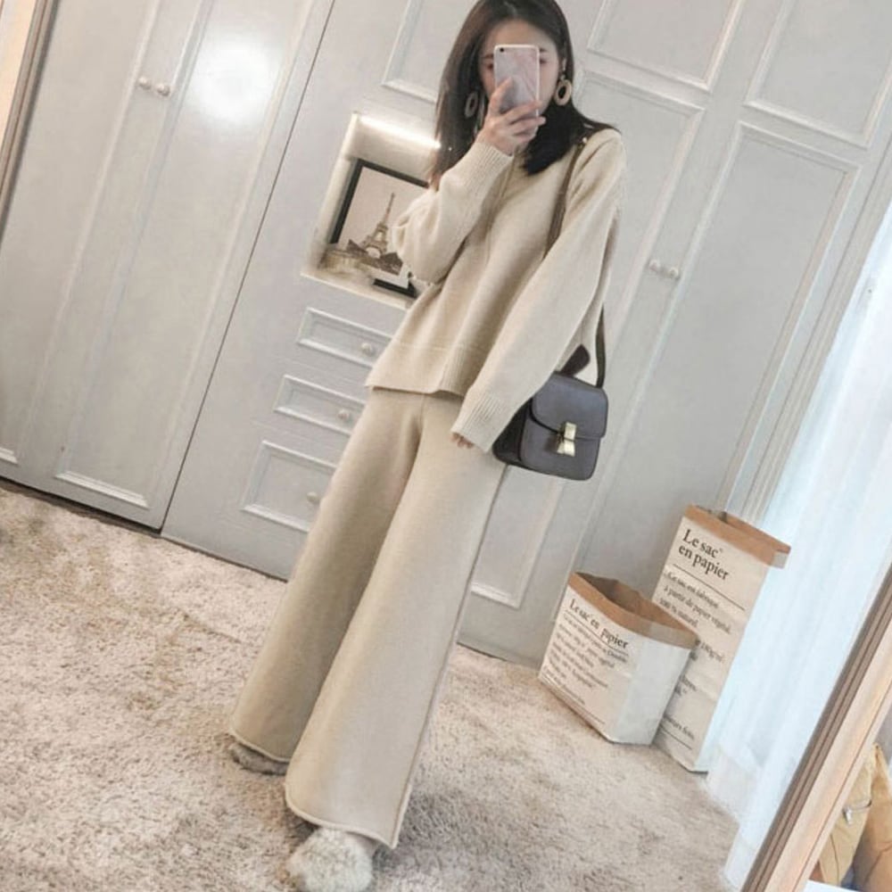 ニット セットアップ レディース 秋冬 韓国 上下セット おしゃれ きれいめ 大人 カジュアル シンプル トップス ワイドパンツ ゆったり 大人可愛い 大人女子