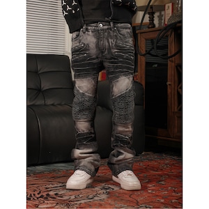 【DRIP6893】TGF Washed Biker Rib Zip Detail Slim Flare Denim Pants