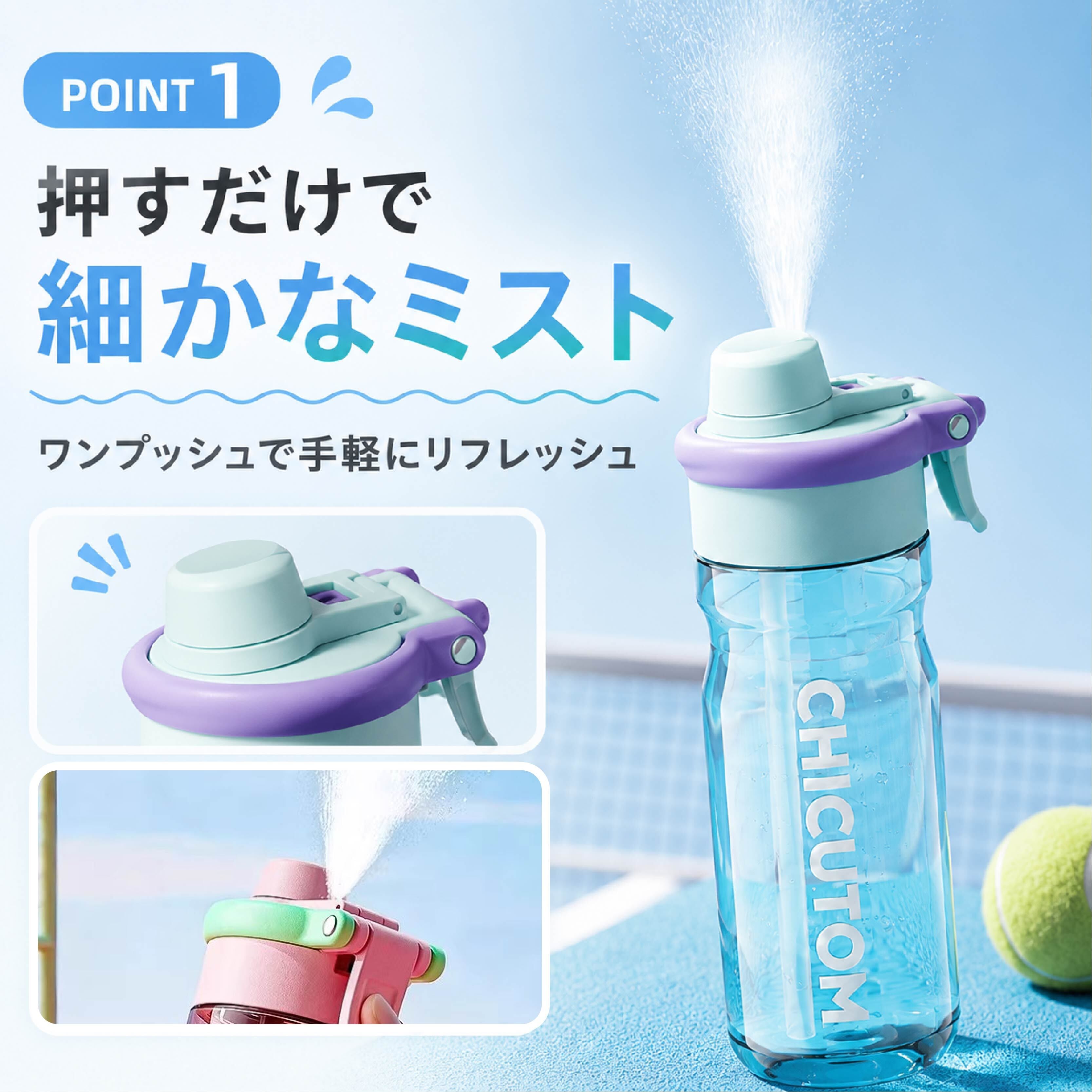 PR 634 . ミスト付き水筒 750ml スポーツボトル 2WAY飲み口 ストロー